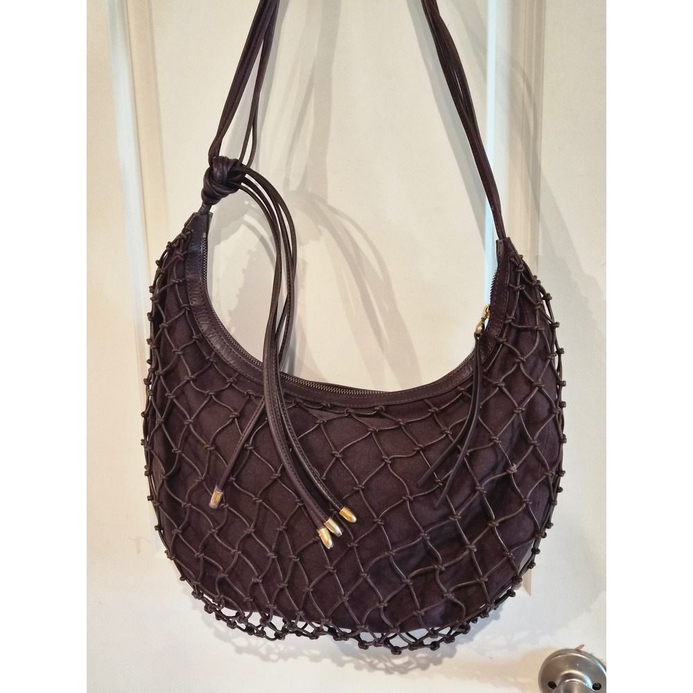 HOBO Brown Leather Net Canvas Shoulder Bag Knotted Tassel Crescent Hobo